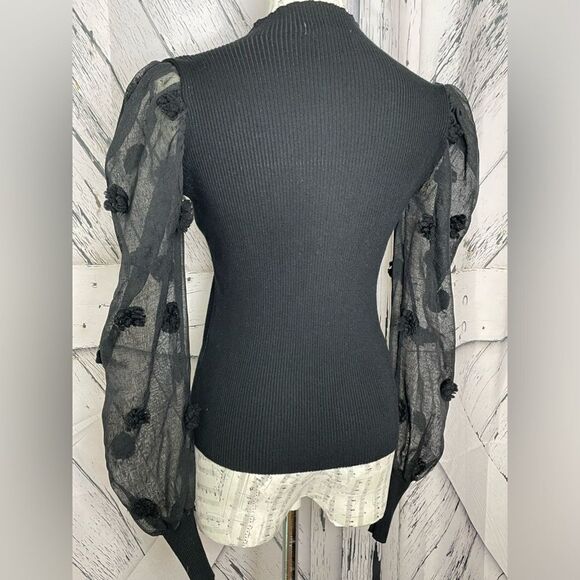 By Clara Paris Ribbed Mock Turtleneck Sweater Sheer Puffed Sleeves S/M - Picture 2 of 4